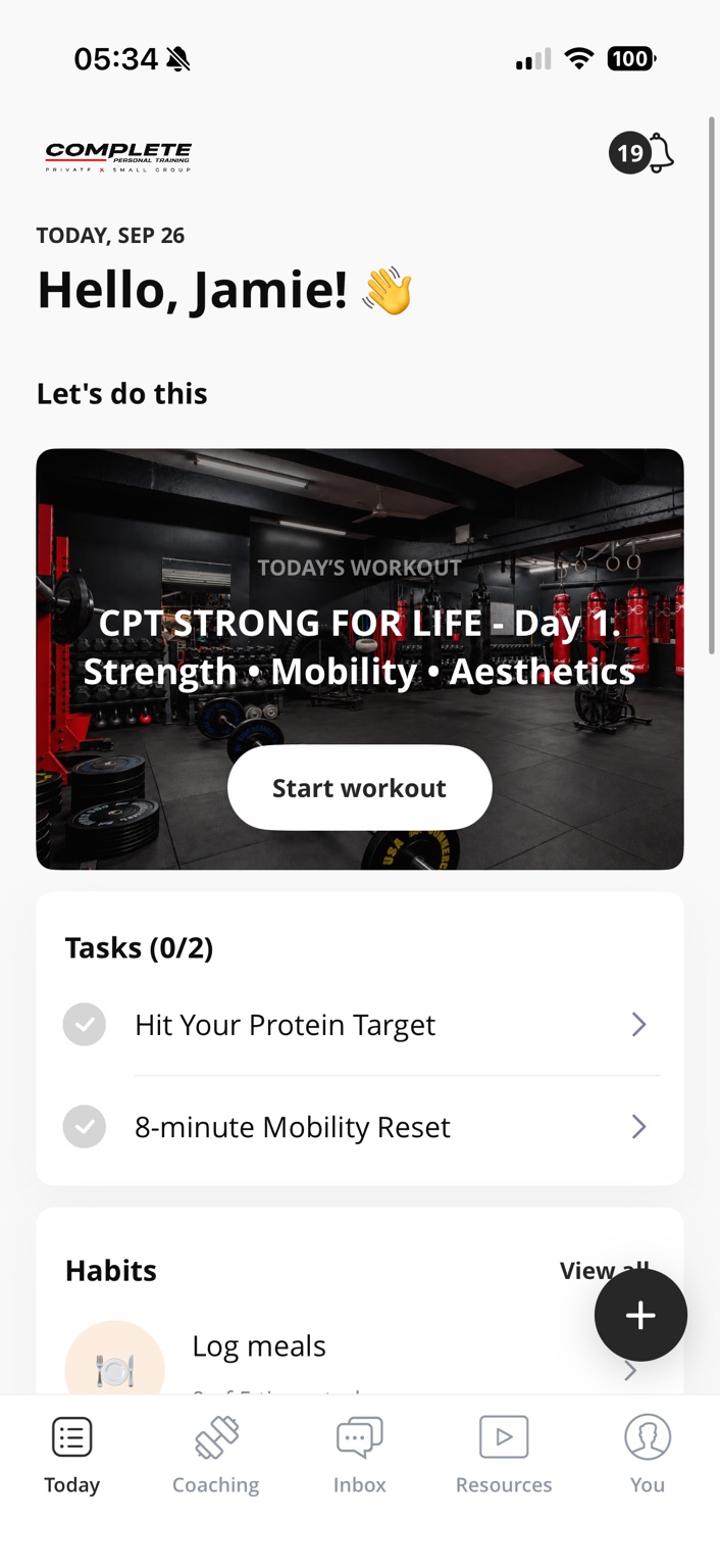 The Complete PT client dashboard with today's workout and coaching tasks