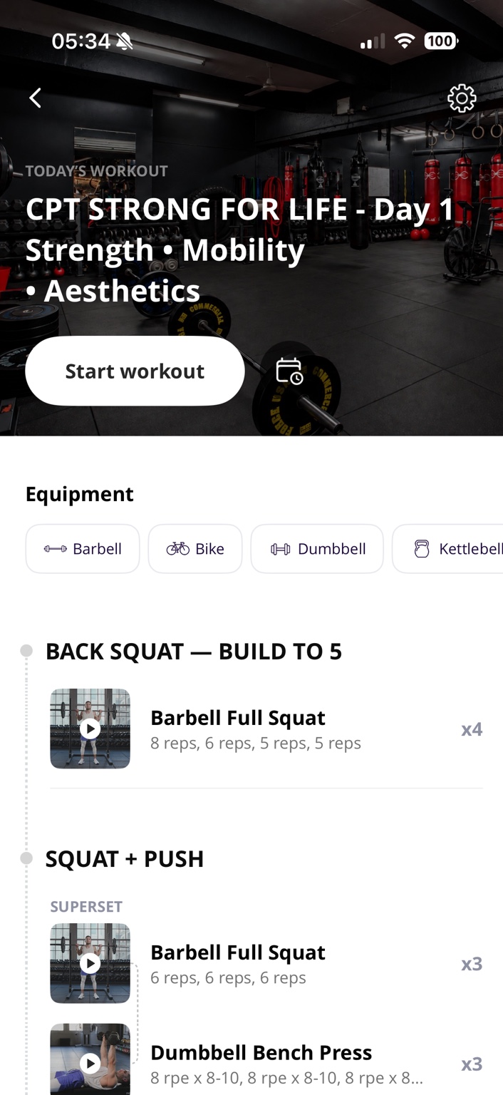 A personalised Complete PT strength workout displayed in Everfit